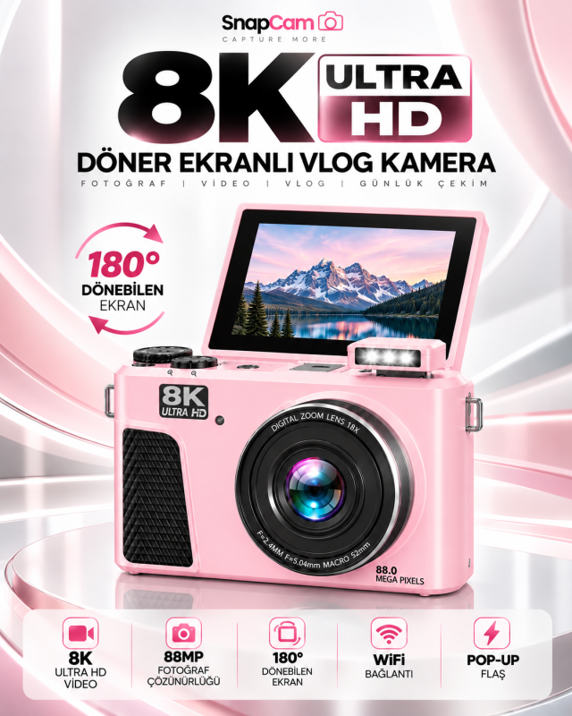 8K Dijital Fotoğraf Makinesi - Pembe