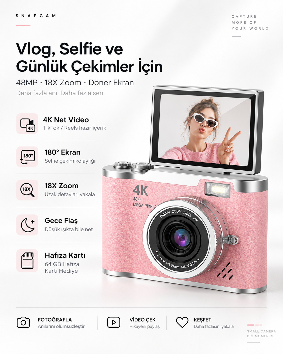 Lk-007 4k Dijital Fotoğraf Makinesi Pembe
